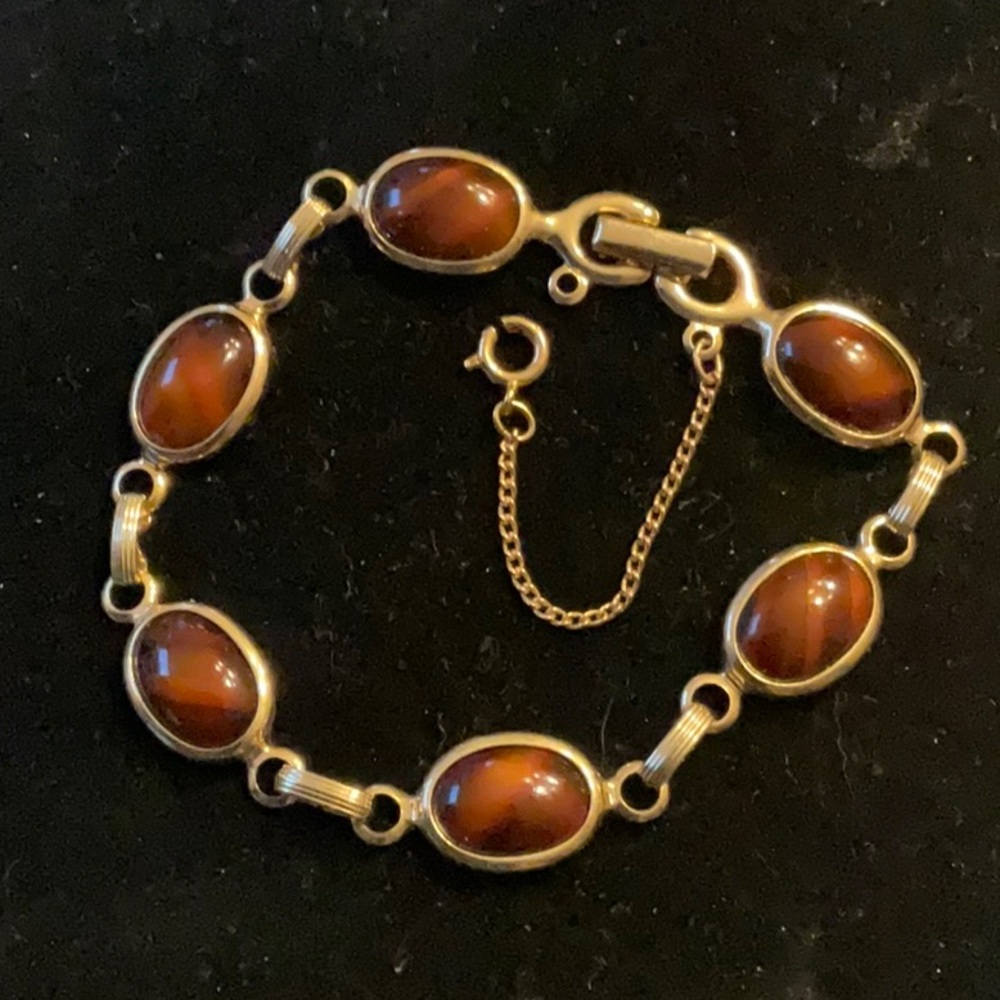 VINTAGE Sarah Coventry WOOD NYMPH Gold Tone Caramel Brown Cabochon Link
